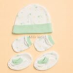 Premium soft cotton newborn cap, mittens and booties set for baby boys and girls. Gentle on delicate newborn skin and ideal for everyday wear.