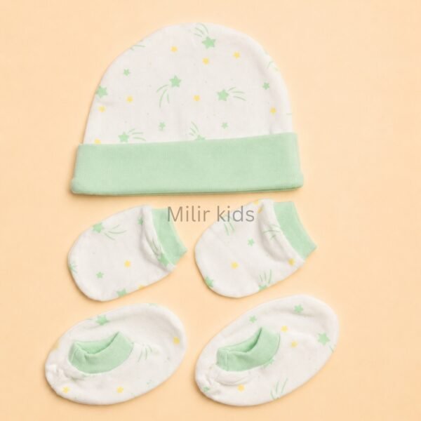 Premium soft cotton newborn cap, mittens and booties set for baby boys and girls. Gentle on delicate newborn skin and ideal for everyday wear.