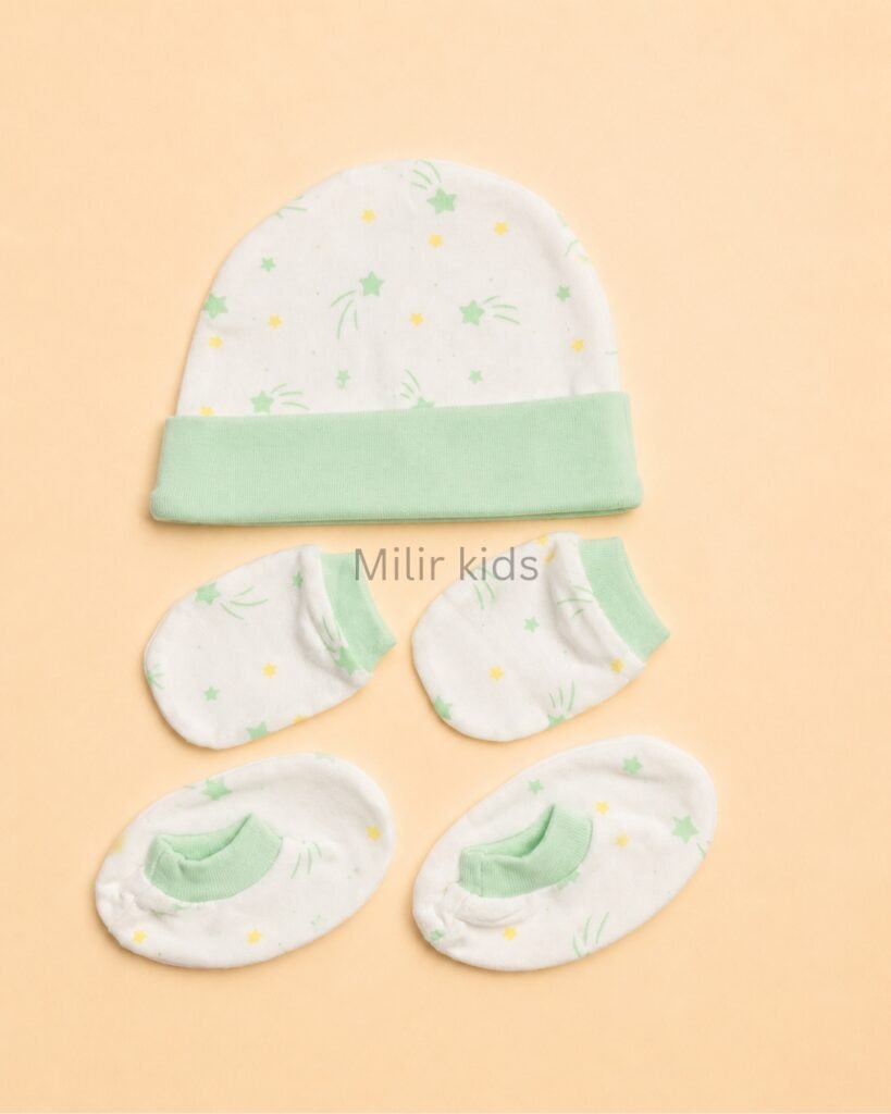 Premium soft cotton newborn cap, mittens and booties set for baby boys and girls. Gentle on delicate newborn skin and ideal for everyday wear.