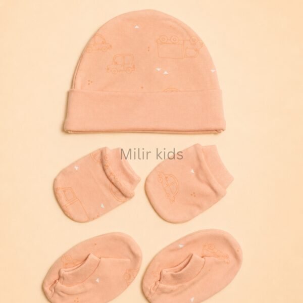 Premium soft cotton newborn cap, mittens and booties set for baby boys and girls. Gentle on delicate newborn skin and ideal for everyday wear.