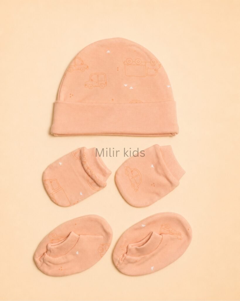 Premium soft cotton newborn cap, mittens and booties set for baby boys and girls. Gentle on delicate newborn skin and ideal for everyday wear.