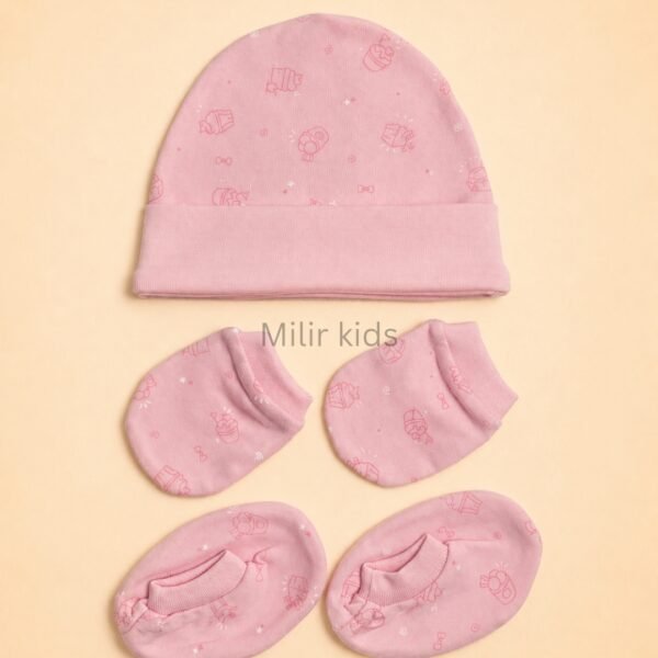 Premium soft cotton newborn cap, mittens and booties set for baby boys and girls. Gentle on delicate newborn skin and ideal for everyday wear.