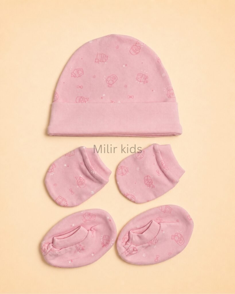 Premium soft cotton newborn cap, mittens and booties set for baby boys and girls. Gentle on delicate newborn skin and ideal for everyday wear.