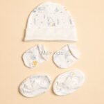 Premium soft cotton newborn cap, mittens and booties set for baby boys and girls. Gentle on delicate newborn skin and ideal for everyday wear.