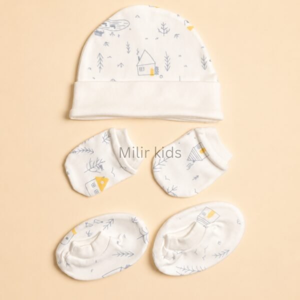 Premium soft cotton newborn cap, mittens and booties set for baby boys and girls. Gentle on delicate newborn skin and ideal for everyday wear.