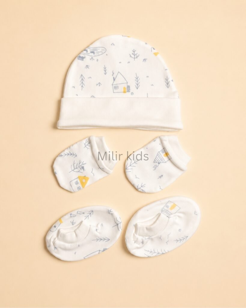 Premium soft cotton newborn cap, mittens and booties set for baby boys and girls. Gentle on delicate newborn skin and ideal for everyday wear.