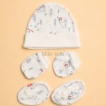 Premium soft cotton newborn cap, mittens and booties set for baby boys and girls. Gentle on delicate newborn skin and ideal for everyday wear.