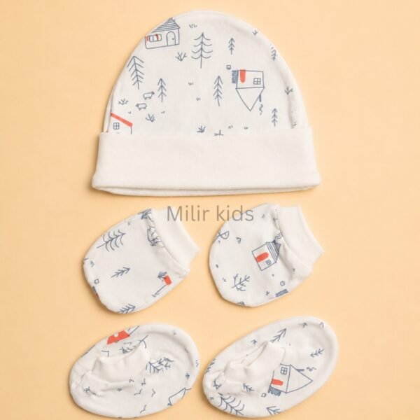 Premium soft cotton newborn cap, mittens and booties set for baby boys and girls. Gentle on delicate newborn skin and ideal for everyday wear.