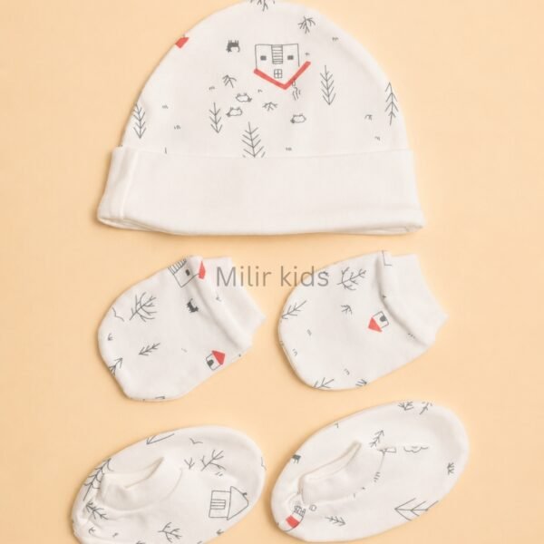 Premium soft cotton newborn cap, mittens and booties set for baby boys and girls. Gentle on delicate newborn skin and ideal for everyday wear.
