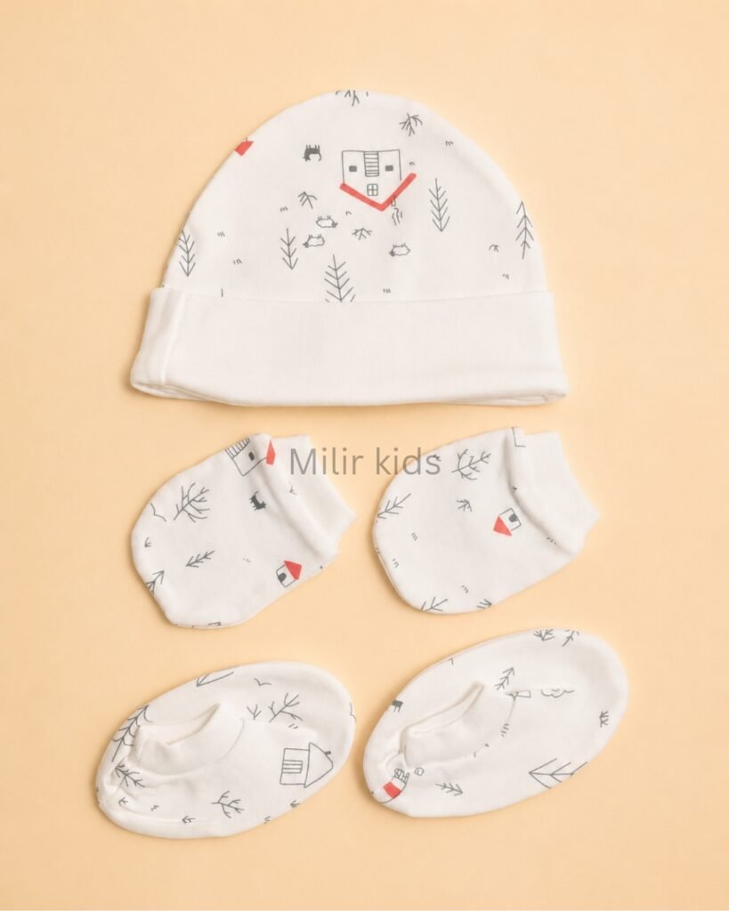 Premium soft cotton newborn cap, mittens and booties set for baby boys and girls. Gentle on delicate newborn skin and ideal for everyday wear.