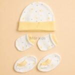 Premium soft cotton newborn cap, mittens and booties set for baby boys and girls. Gentle on delicate newborn skin and ideal for everyday wear.
