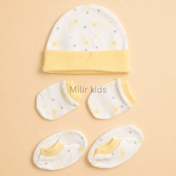Premium soft cotton newborn cap, mittens and booties set for baby boys and girls. Gentle on delicate newborn skin and ideal for everyday wear.