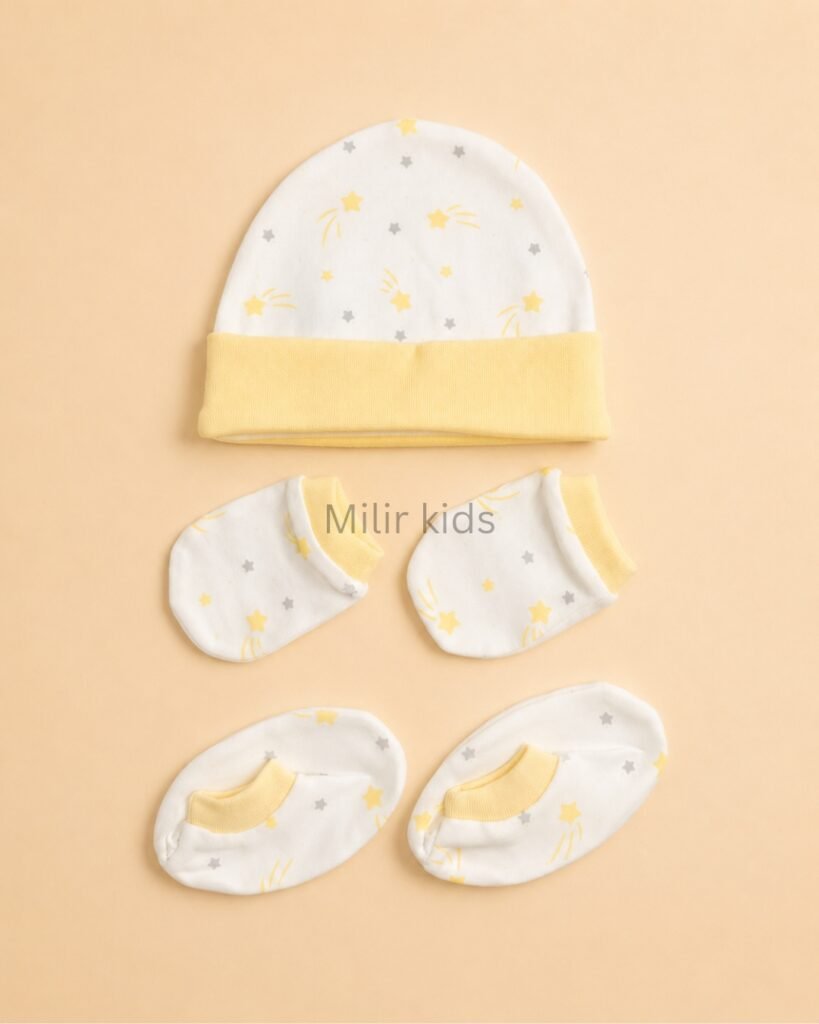 Premium soft cotton newborn cap, mittens and booties set for baby boys and girls. Gentle on delicate newborn skin and ideal for everyday wear.