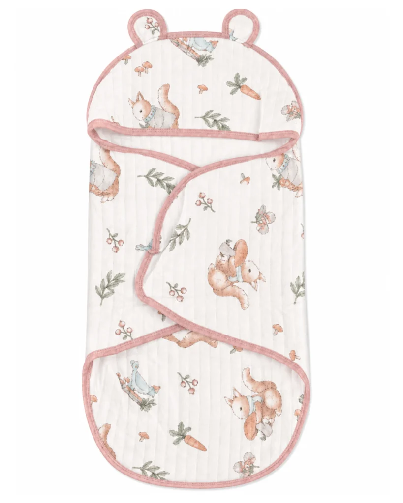Printed baby wrapper with hood and squirrel design