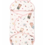 Printed baby wrapper with hood and teddy bear design