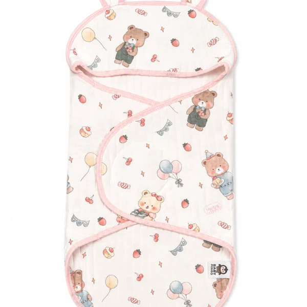 Printed baby wrapper with hood and teddy bear design
