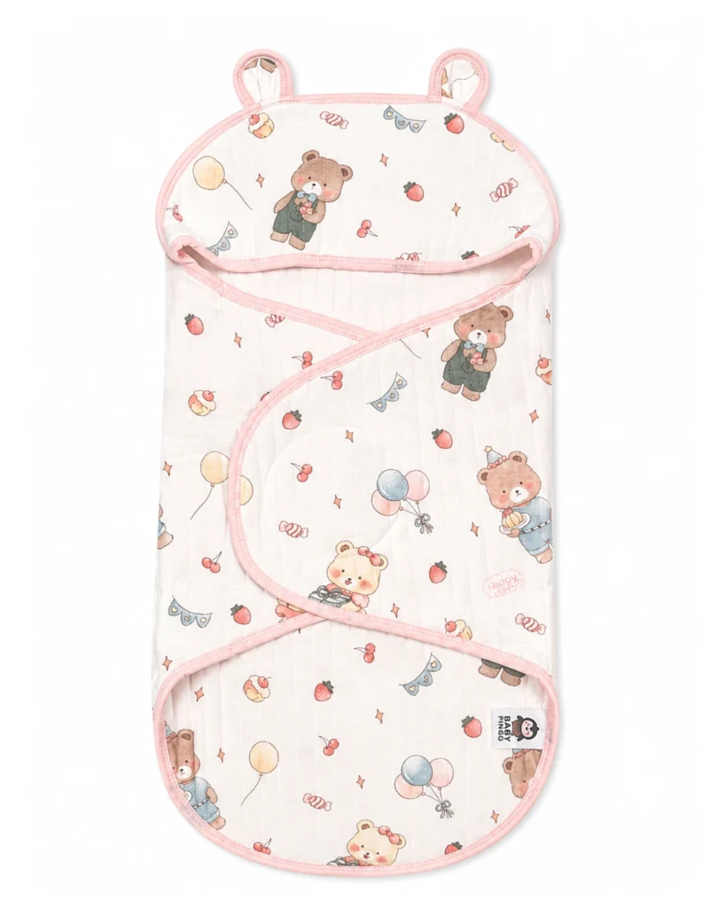 Printed baby wrapper with hood and teddy bear design
