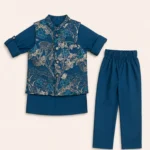 Teal blue floral waistcoat kurta and matching pants for 1 year old boy