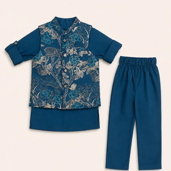 Teal blue floral waistcoat kurta and matching pants for 1 year old boy