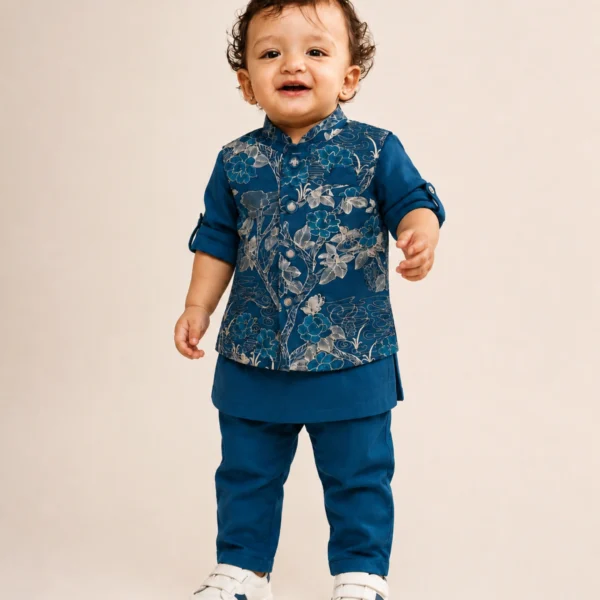 Teal blue floral waistcoat kurta and matching pants for 1 year old boy