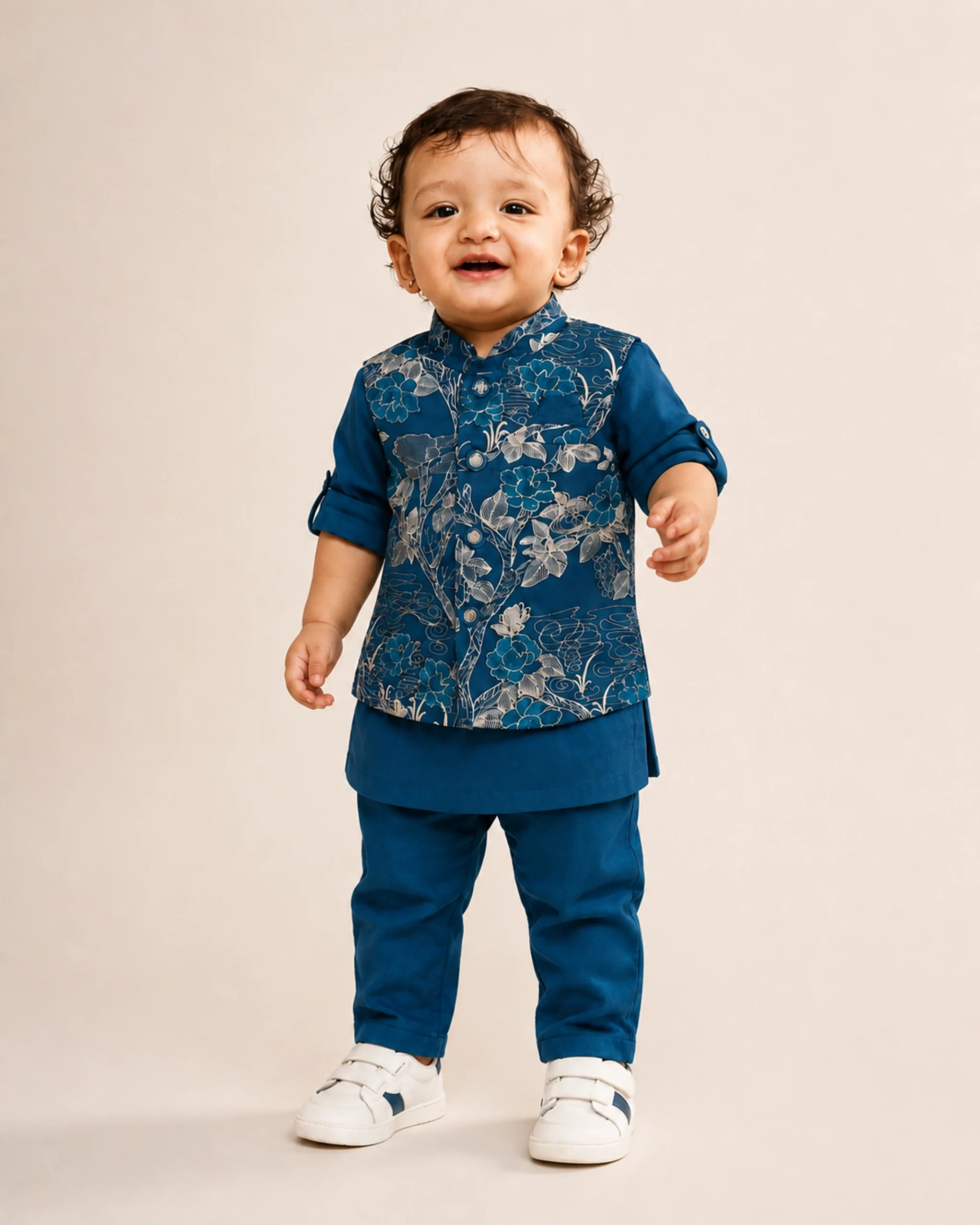 Teal blue floral waistcoat kurta and matching pants for 1 year old boy