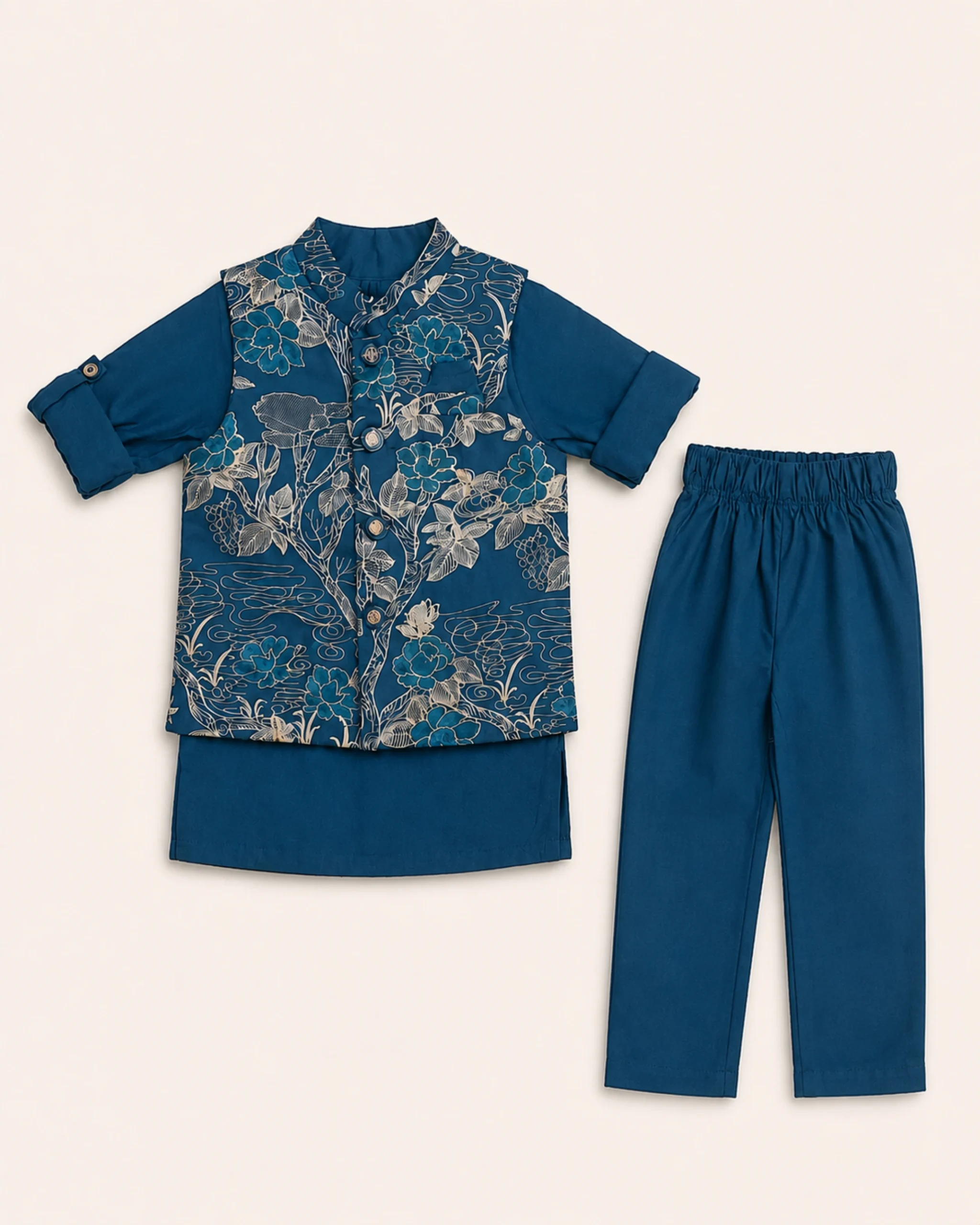 Teal blue floral waistcoat kurta and matching pants for 1 year old boy