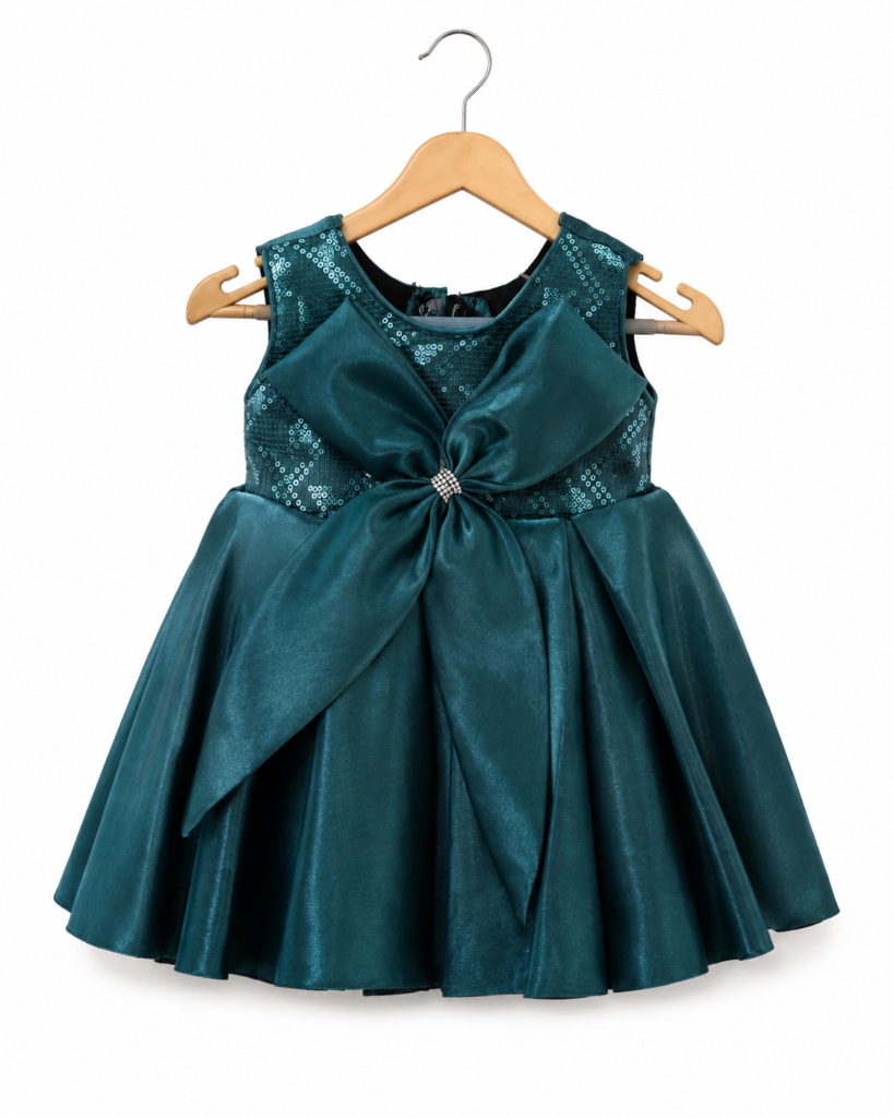 Teal sequin bow party frock for baby girls 0-6 months