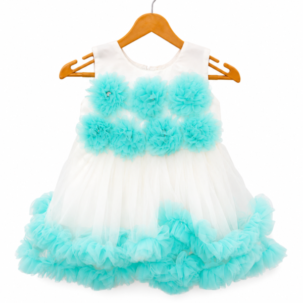 White and aqua floral tulle party frock for baby girls 0-6 months