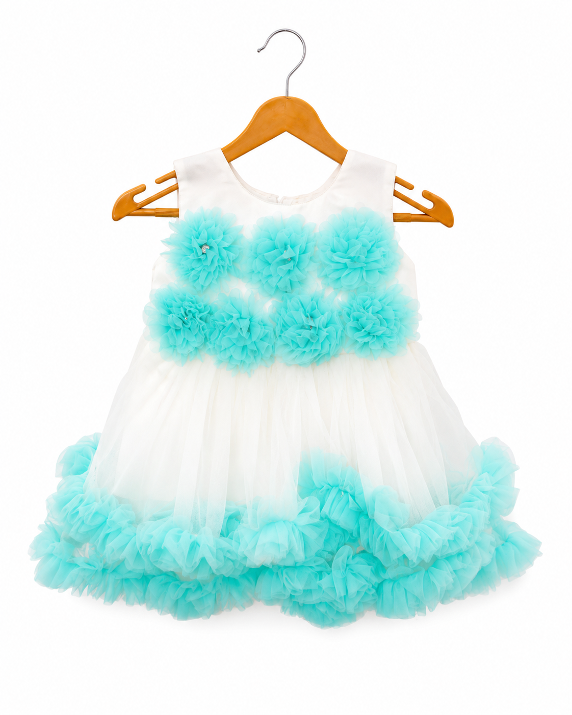 White and aqua floral tulle party frock for baby girls 0-6 months