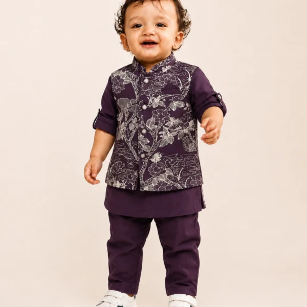 Wine floral waistcoat kurta and matching pants set for 1 year old boy