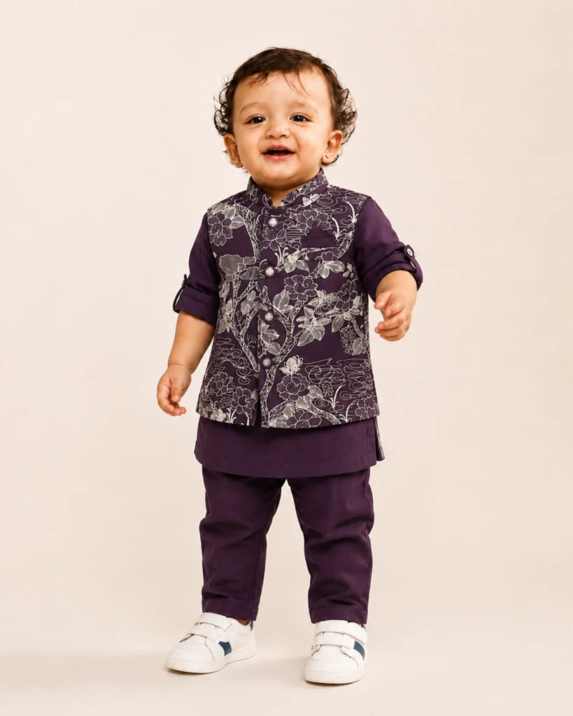 Wine floral waistcoat kurta and matching pants set for 1 year old boy