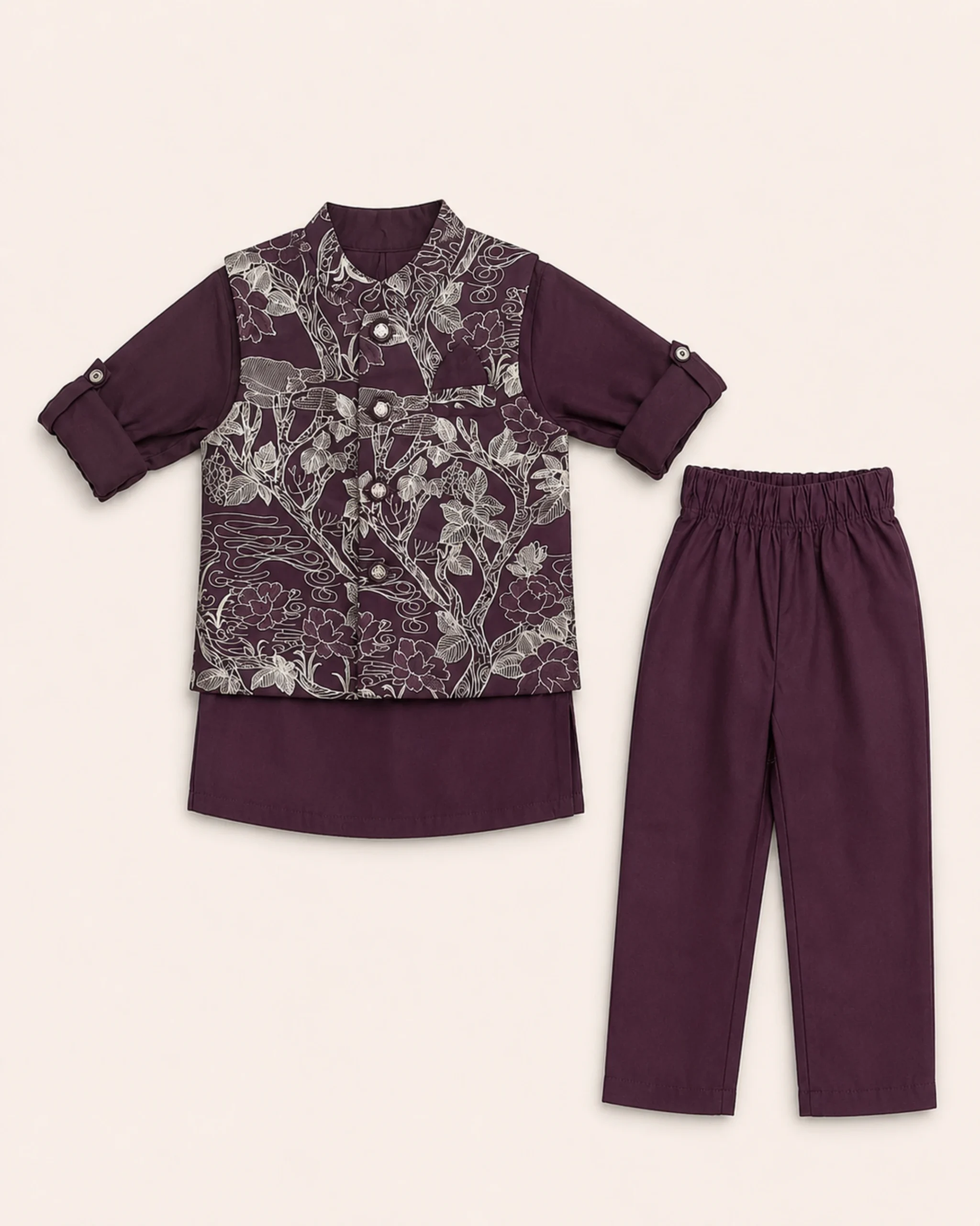 Wine floral waistcoat kurta and matching pants set for 1 year old boy