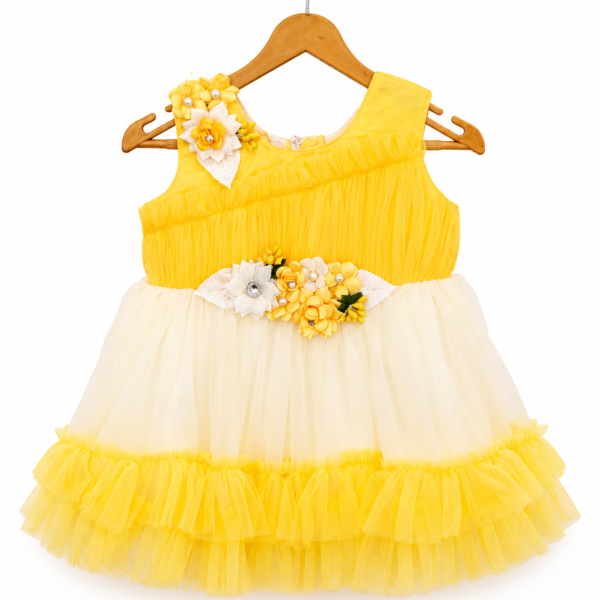 Yellow and cream floral party frock for baby girls 0-6 months