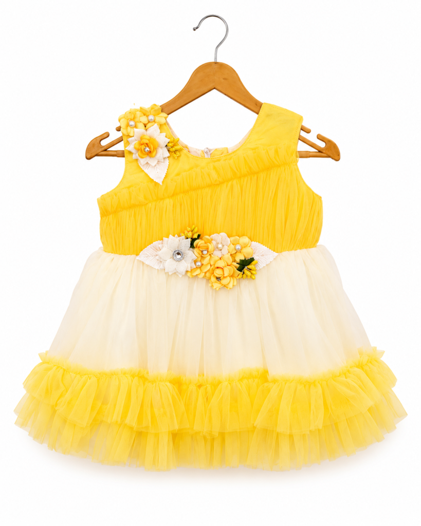 Yellow and cream floral party frock for baby girls 0-6 months